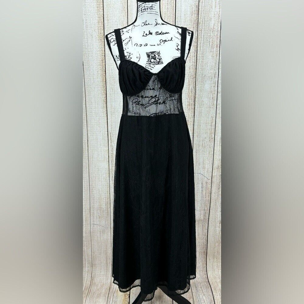 Danielle‎ Bernstein Cocktail Dress Size XL Black Lace Midi Sheer Cut Out